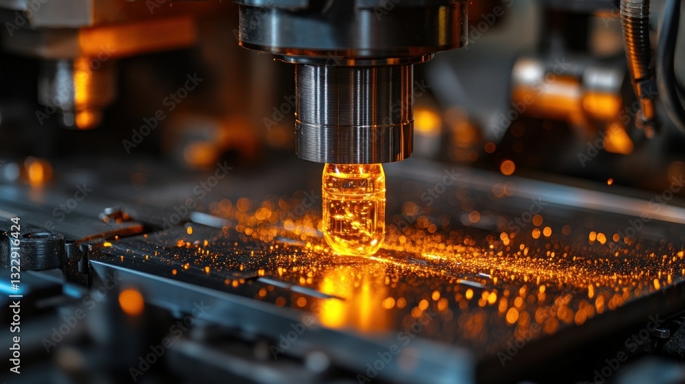 Poster precision manufacturing process. a high-tech machine meticulously processes a component, generating 