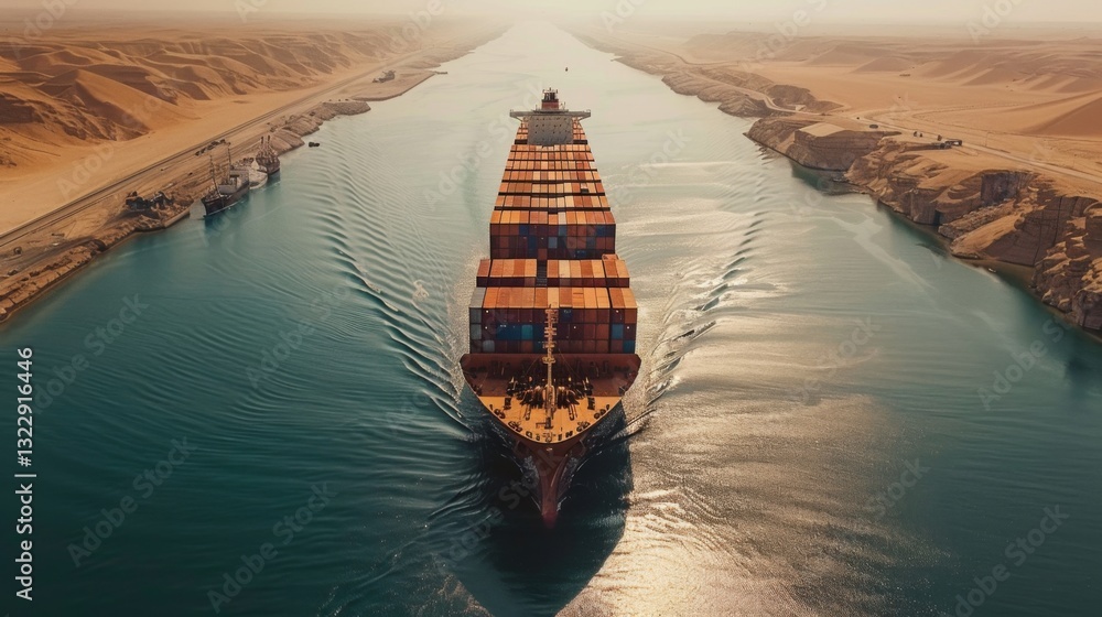 Poster a large cargo ship sails through the suez canal, transporting containers while flanked by vast deser