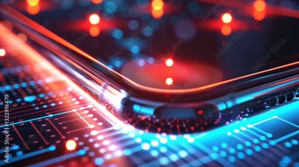 Poster a close-up of a smartphone with wireless data transfers symbolized by glowing signals.