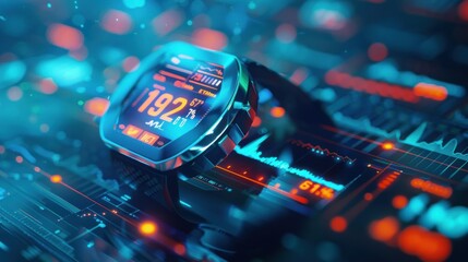 A wearable medical device with a futuristic digital interface showing health stats.