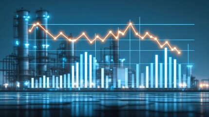 Industrial Complex at Night with Overlay of Decreasing Financial Charts