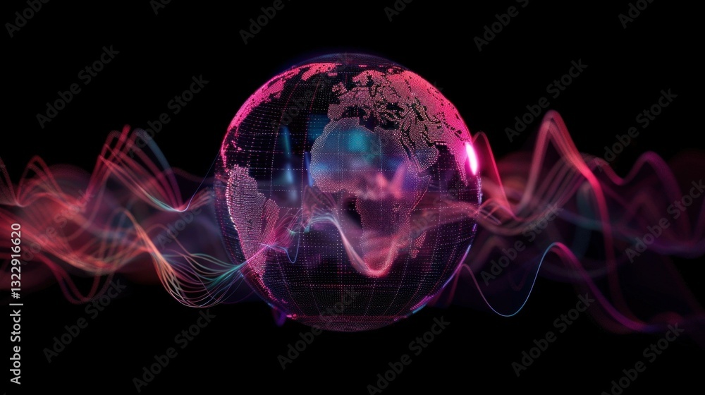Poster a digital globe with wireless signal waves representing global connectivity.