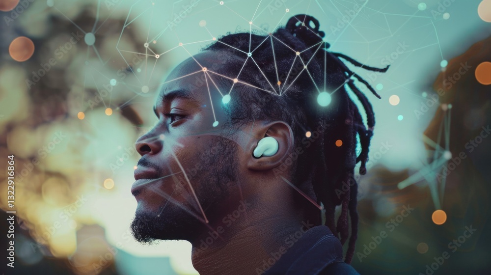 Aufkleber a person using a wireless earbud with a connection symbol floating above their head.
