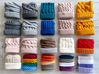 Colorful knitted hats display craft fair product showcase indoor overhead view fashion accessories