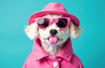 Bichon Frize dog wearing a pink coat and a pink hat, wearing pink sunglasses, blowing chewing gum, monochrome blue background, commercial photography, poster