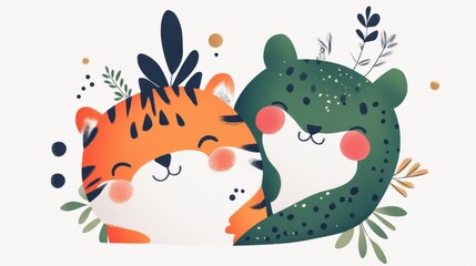 Obraz premium Cute Tiger and Leopard Cartoon Illustration Tropical Animals Jungle Friends Childrens I