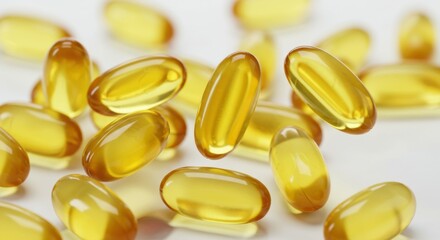 Fish oil capsules, golden translucent pills, omega-3 supplements, soft gel capsules, healthy nutrition, vitamin D, close-up photography, bright lighting, white background, shiny surface, yellow tones,