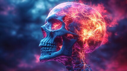 Vibrant Skull with Electric Energy Against Dramatic Background