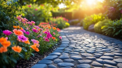 Naklejka premium Tranquil garden pathway with blooming flowers in a vibrant nature scene