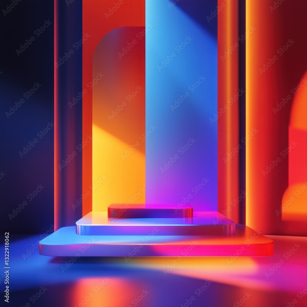 Poster luminous platform display with vibrant neon tones a modern backdrop for product showcase colorful st