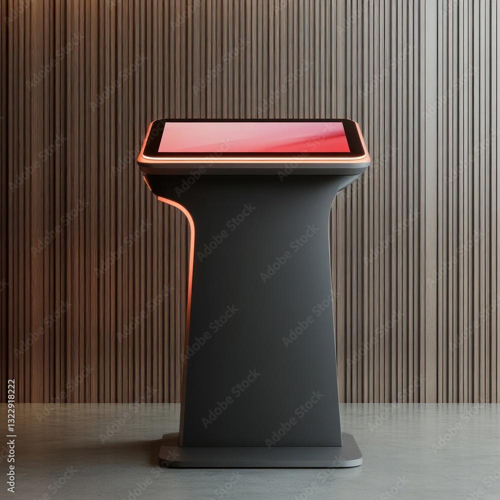 Poster modern information kiosk with glowing red screen and elegant curved design for interactive displays