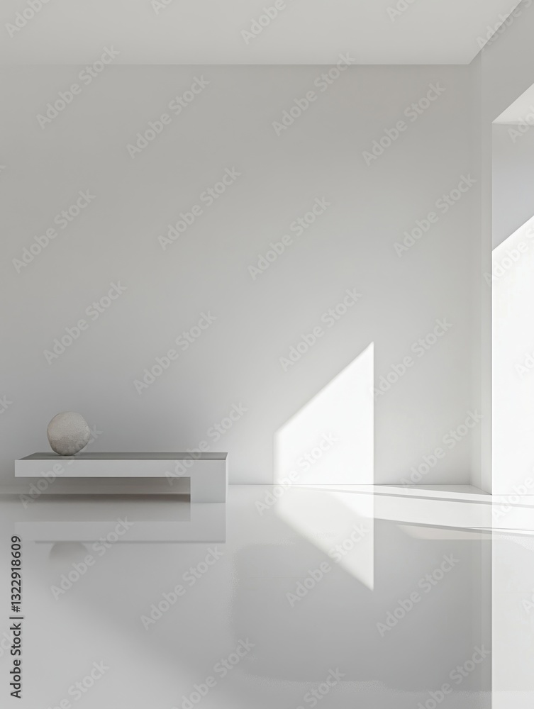 Poster minimalist interior with geometric bench and abstract sphere casting soft light on walls and floor
