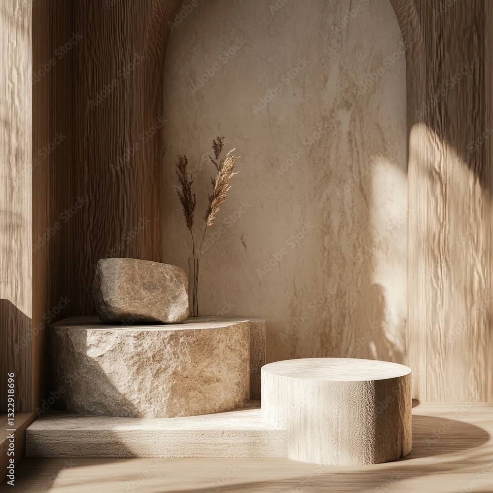 Poster minimalist scene of stone podiums with rustic vase arrangement for product display elegant beige bac