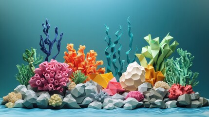 Fototapeta premium Low-poly paper-inspired sea elements in a vibrant underwater scene