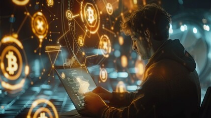 A person viewing finance statistics on a tablet, surrounded by digital currency symbols.