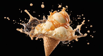 Vanilla Ice Cream Cone with Splash Effect on Black Background, Waffle Cone, Caramel Droplets, Playful and Whimsical Mood