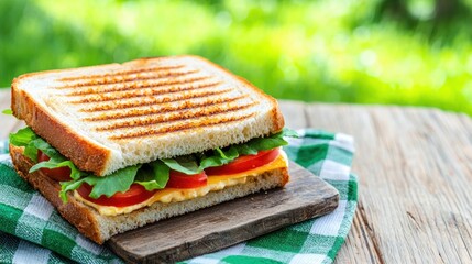 Gourmet toasted sandwich with vibrant greens and ripe tomato slices on rustic wood table freshness