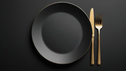 Minimalistic and modern black plate with gold rim, accompanied by gold utensils on a black background.