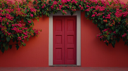 Fototapeta premium Red wooden door on vibrant orange wall with blooming pink flowers, creating charming scene