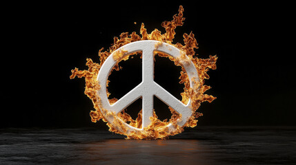 Peace symbol engulfed in flames, representing powerful contrast of ideas