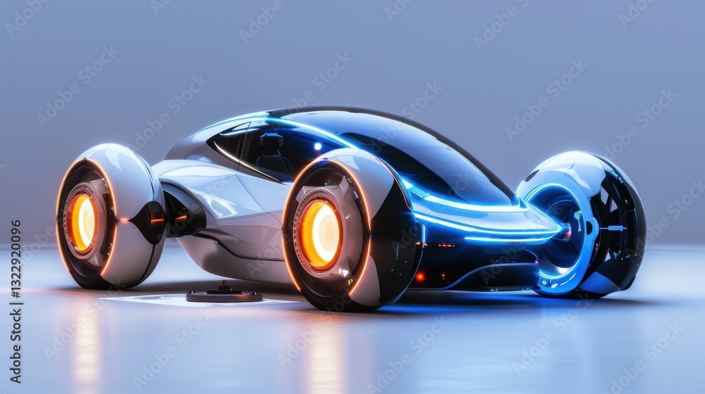 Poster a futuristic car with autonomous driving features and tech integration.