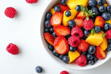 Obraz premium A vibrant bowl contains fresh fruits on a plain white surface