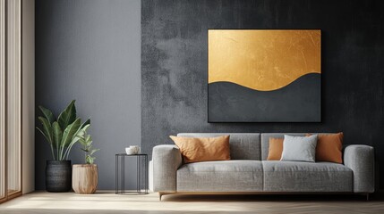 Modern Living Room Interior Design with Gray Sofa Gold and Black Abstract Art
