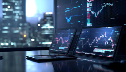 Analyzing financial data trends modern office digital screens urban nightscape elevated perspective business intelligence