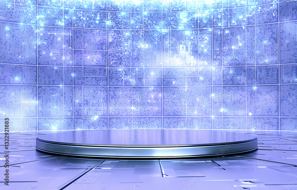 Poster futuristic stage presentation virtual space 3d visuals high-tech environment wide angle view digital
