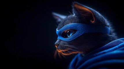 Obraz premium Superhero Cat Dark Knight Feline in Blue Cape