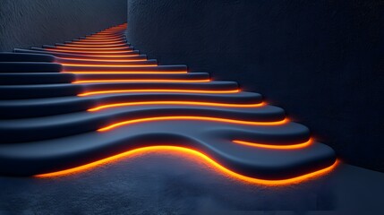 Fototapeta premium Abstract Neon Lit Steps Modern Architectural Design Illuminated Staircase Futuristic Interior Dark