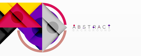 Abstract geometric composition with overlapping triangles, circles, and gradients, featuring a central circular design with text