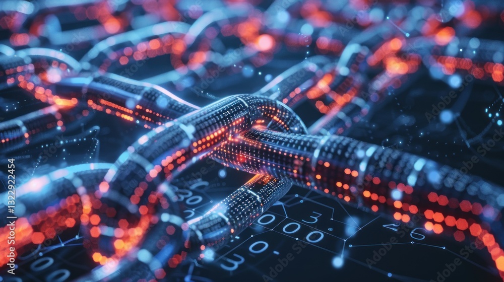 Poster a visual representation of blockchain with interconnected blocks and glowing data.