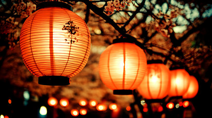 Obraz premium Illuminated Japanese paper lanterns hanging from a blossoming cherry tree branch at night, creating a warm and inviting ambiance.