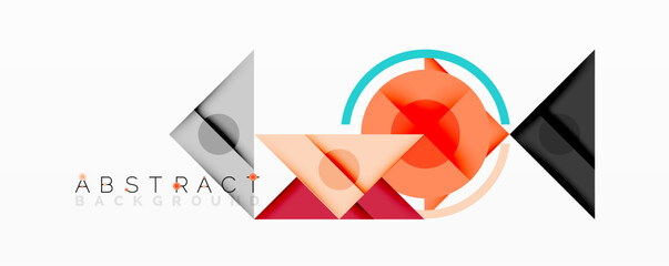 Abstract geometric composition with overlapping triangles, circles, and gradients, featuring a central circular design with text