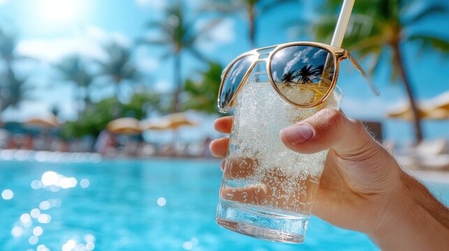 A person is holding a glass of a drink with a straw in it