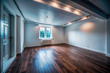 Obraz premium Minimalist White Room Interior Design Template - Empty Space, White Walls, Wooden Floor, Product Mockup, Interior Photography, 3D Rendering