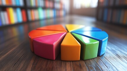 Colorful Pie Chart on Wooden Floor with Blurred Bookshelf Background