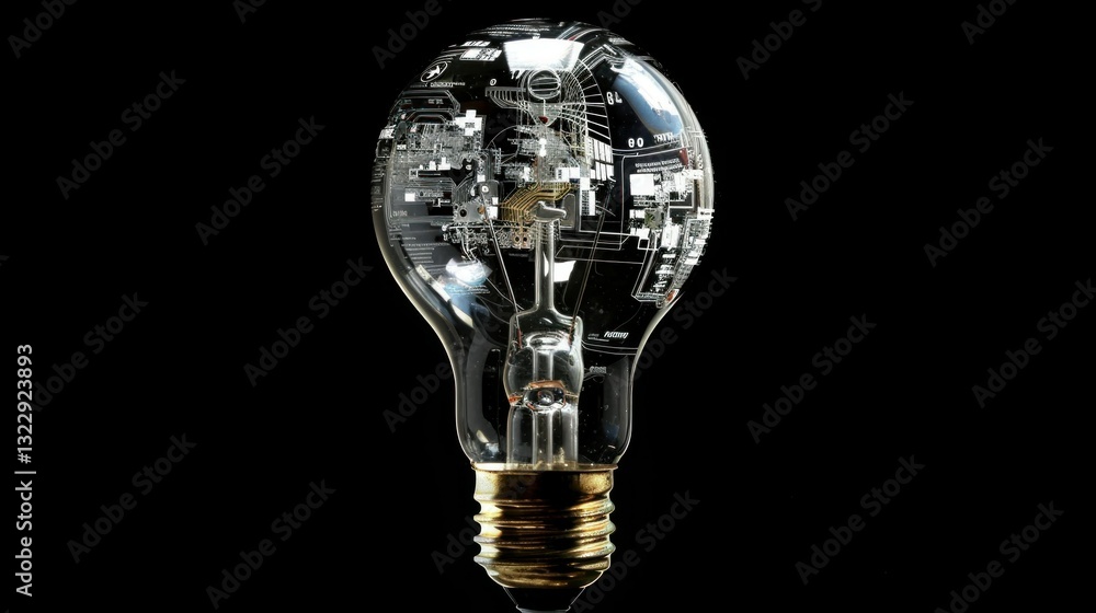 Poster a lightbulb filled with digital elements representing an idea about future technology.