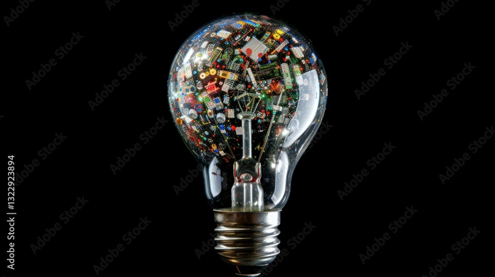 Poster a lightbulb filled with digital elements representing an idea about future technology.