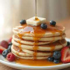 Antojo Dulce: Pancakes con Jarabe Espeso y Frutas Vibrantes
