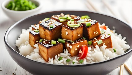 Teriyaki baked tofu with rice sprinkled by spring onion, sesame seeds, japanese cuisine, served with rice, sliced tomato, lemon on a white bowl with chopsticks on a white wooden background, close-up
