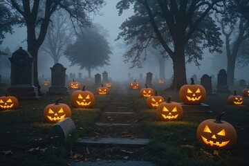 Glowing Pumpkins in Foggy Graveyard Creating Spooky Shadows and Mysterious Halloween Vibes