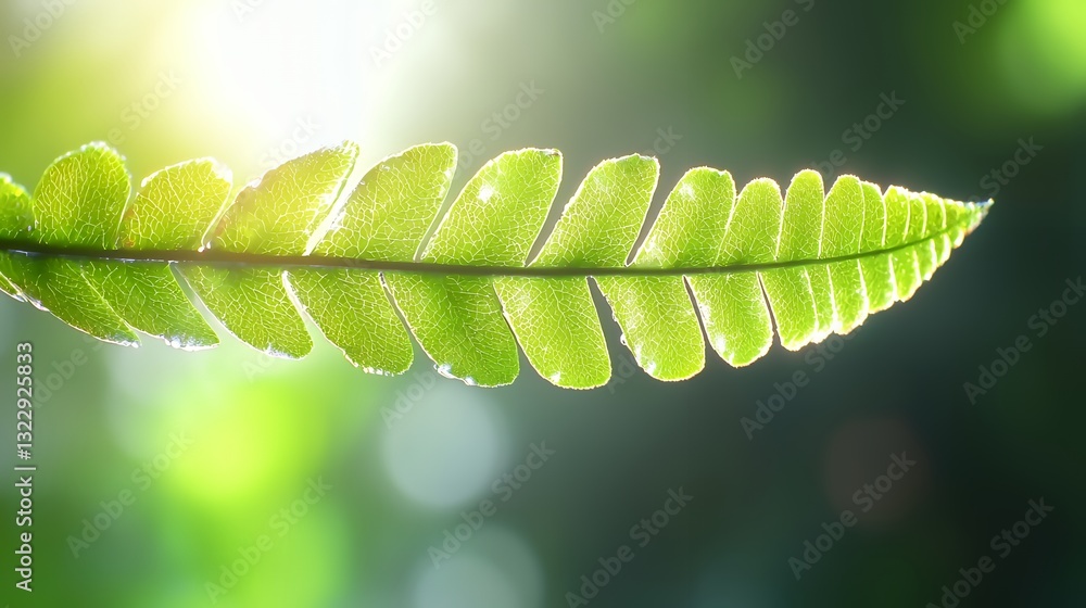 Poster fern leaf close up with sunlight filtering through green bokeh background