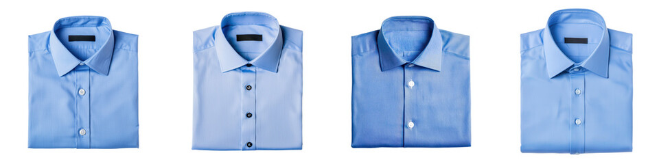 Closeup of a neatly pressed and collared blue dress shirt on display showcasing the crisp fabric clean lines and classic design of a professional business attire item