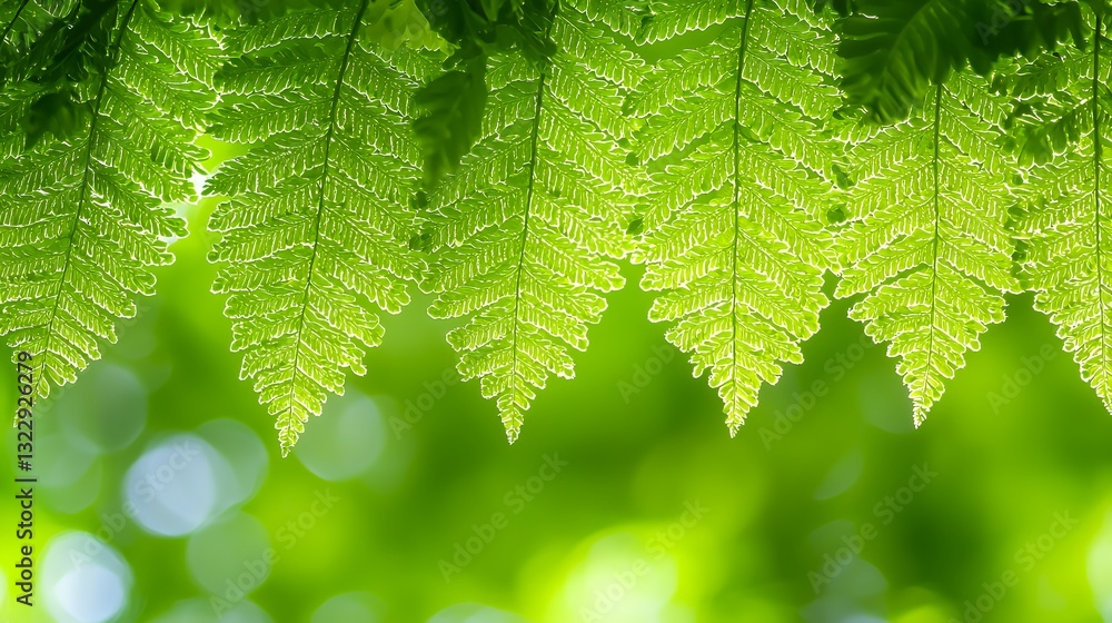 Poster fern fronds hanging with bokeh green background creating a natural border