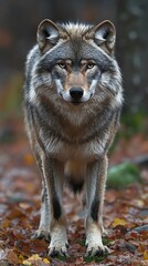 Fototapeta premium A single wolf standing calmly and looking straight at the viewer