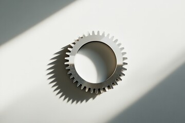 A metallic gear is centered with shadows on a white surface