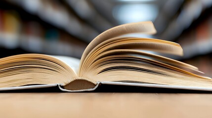 Obraz premium Open Book on Desk with Pages Turning in Library Setting