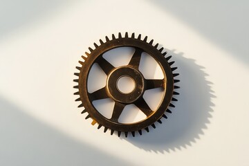 A single gear with many teeth casting shadows on a surface